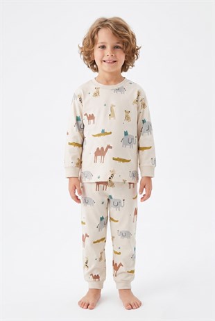 Erkek Çocuk Hayvan Baskılı %100 Pamuk Süprem Kumaş Reaktif Boyama Uzun Kollu Pijama Takımı