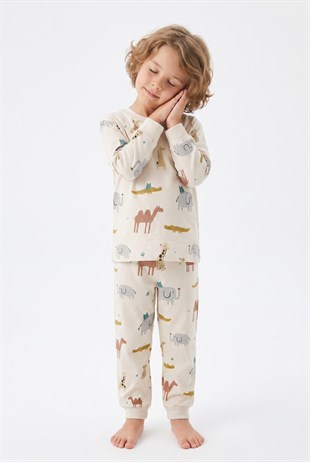 Erkek Çocuk Hayvan Baskılı %100 Pamuk Süprem Kumaş Reaktif Boyama Uzun Kollu Pijama Takımı