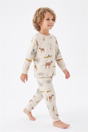 Erkek Çocuk Hayvan Baskılı %100 Pamuk Süprem Kumaş Reaktif Boyama Uzun Kollu Pijama Takımı