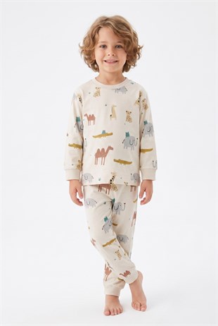 Erkek Çocuk Hayvan Baskılı %100 Pamuk Süprem Kumaş Reaktif Boyama Uzun Kollu Pijama Takımı