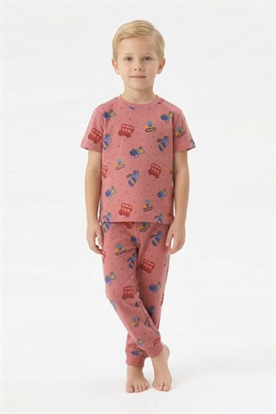 Erkek Çocuk İş Makineleri ve Araç Desenli %100 Pamuk Reaktif Boyalı Süprem Kumaş Kısa Kollu Pijama Takımı
