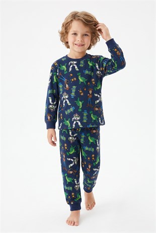 Erkek Çocuk Karakter Baskılı %100 Pamuk Reaktif Boyama Süprem Kumaş Uzun Kollu Pijama Takımı