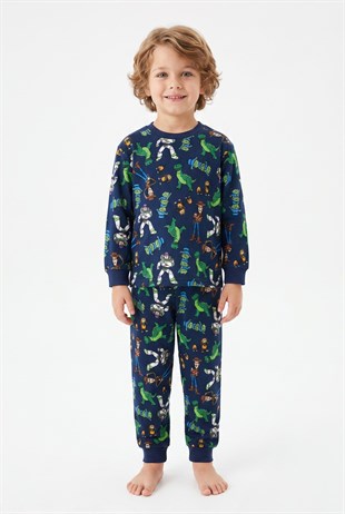 Erkek Çocuk Karakter Baskılı %100 Pamuk Reaktif Boyama Süprem Kumaş Uzun Kollu Pijama Takımı
