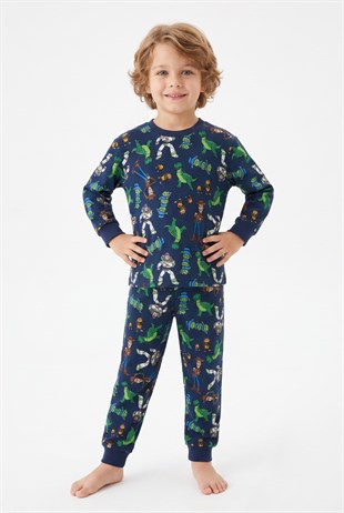 Erkek Çocuk Karakter Baskılı %100 Pamuk Reaktif Boyama Süprem Kumaş Uzun Kollu Pijama Takımı