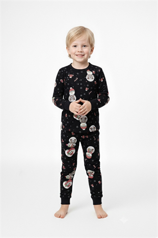 Erkek Çocuk Kardan Adam Desenli Yılbaşı Temalı %100 Pamuk Reaktif Boyalı Süprem Kumaş Uzun Kollu Pijama Takımı