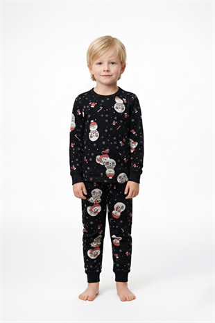 Erkek Çocuk Kardan Adam Desenli Yılbaşı Temalı %100 Pamuk Reaktif Boyalı Süprem Kumaş Uzun Kollu Pijama Takımı