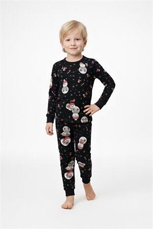 Erkek Çocuk Kardan Adam Desenli Yılbaşı Temalı %100 Pamuk Reaktif Boyalı Süprem Kumaş Uzun Kollu Pijama Takımı
