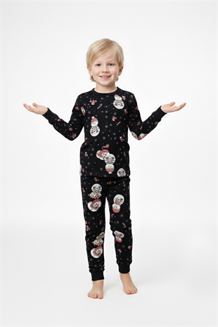 Erkek Çocuk Kardan Adam Desenli Yılbaşı Temalı %100 Pamuk Reaktif Boyalı Süprem Kumaş Uzun Kollu Pijama Takımı