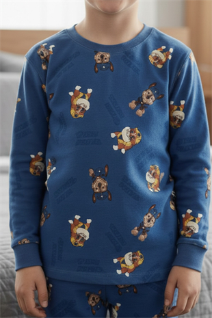 Erkek Çocuk Köpek Baskılı %100 Pamuk Reaktif Boyalı İnterlok  Kumaş Uzun Kollu Pijama Takımı