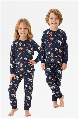 Erkek Çocuk Kurabiye ve Noel Baba Desenli  %100 Pamuk Reaktif Boyama Süprem Kumaş Uzun Kollu Pijama Takımı