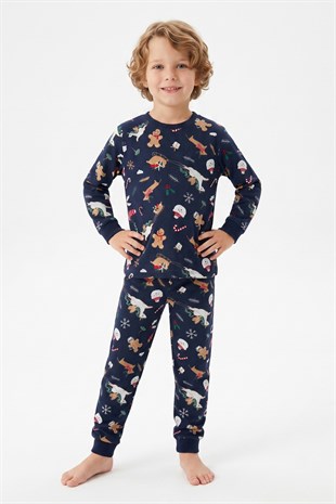 Erkek Çocuk Kurabiye ve Noel Baba Desenli  %100 Pamuk Reaktif Boyama Süprem Kumaş Uzun Kollu Pijama Takımı