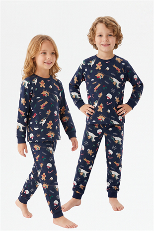 Erkek Çocuk Kurabiye ve Noel Baba Desenli  %100 Pamuk Reaktif Boyama Süprem Kumaş Uzun Kollu Pijama Takımı