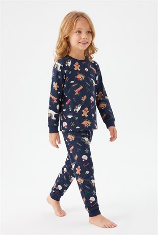 Erkek Çocuk Kurabiye ve Noel Baba Desenli  %100 Pamuk Reaktif Boyama Süprem Kumaş Uzun Kollu Pijama Takımı