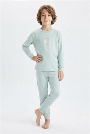 Erkek Çocuk Mavi Yıldız Baskılı %100 Pamuk Süprem Kumaş Düz Uzun Kollu Pijama Takımı