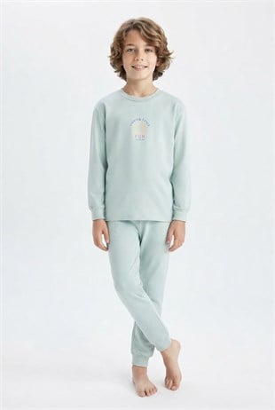 Erkek Çocuk Mavi Yıldız Baskılı %100 Pamuk Süprem Kumaş Düz Uzun Kollu Pijama Takımı