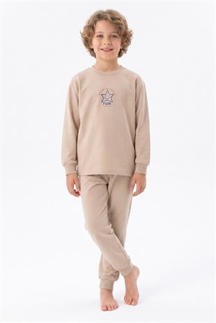 Erkek Çocuk Mavi Yıldız Baskılı %100 Pamuk Süprem Kumaş Düz Uzun Kollu Pijama Takımı