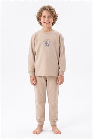 Erkek Çocuk Mavi Yıldız Baskılı %100 Pamuk Süprem Kumaş Düz Uzun Kollu Pijama Takımı
