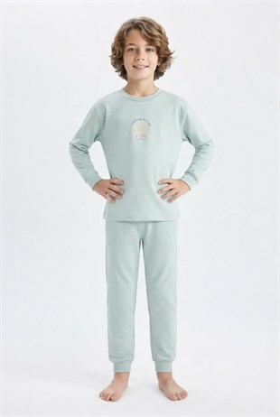 Erkek Çocuk Mavi Yıldız Baskılı %100 Pamuk Süprem Kumaş Düz Uzun Kollu Pijama Takımı