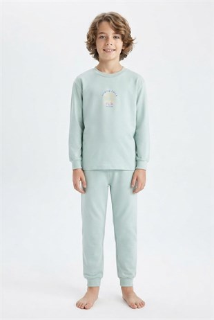 Erkek Çocuk Mavi Yıldız Baskılı %100 Pamuk Süprem Kumaş Düz Uzun Kollu Pijama Takımı