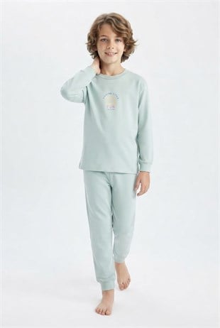 Erkek Çocuk Mavi Yıldız Baskılı %100 Pamuk Süprem Kumaş Düz Uzun Kollu Pijama Takımı
