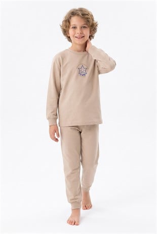 Erkek Çocuk Mavi Yıldız Baskılı %100 Pamuk Süprem Kumaş Düz Uzun Kollu Pijama Takımı