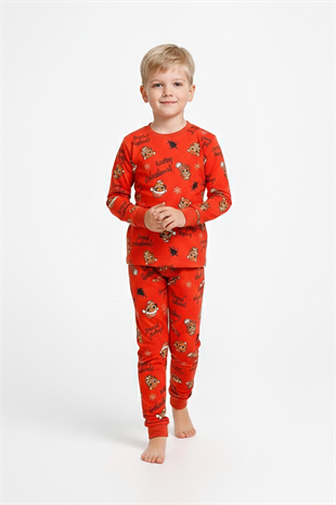 Erkek Çocuk Mutlu Yıllar Temalı %100 Pamuk Reaktif Boyalı Süprem Kumaş Uzun Kollu Pijama Takımı