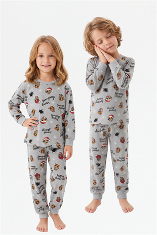Erkek Çocuk Mutlu Yıllar Temalı %100 Pamuk Reaktif Boyalı Süprem Kumaş Uzun Kollu Pijama Takımı