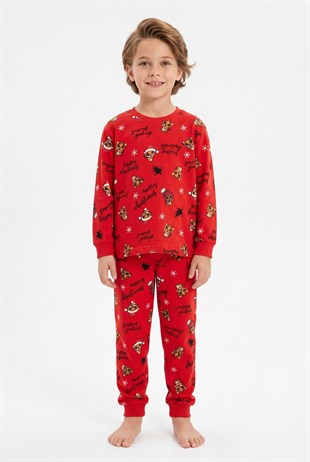 Erkek Çocuk Mutlu Yıllar Temalı %100 Pamuk Reaktif Boyalı Süprem Kumaş Uzun Kollu Pijama Takımı