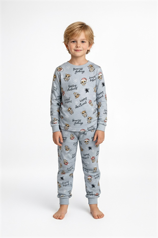 Erkek Çocuk Noel Temalı Figürlü  %100 Pamuk Reaktif Boyalı Süprem Kumaş Uzun Kollu Pijama Takımı