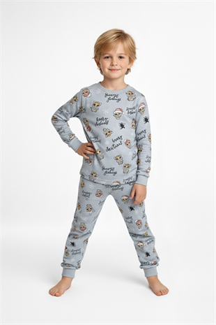 Erkek Çocuk Noel Temalı Figürlü  %100 Pamuk Reaktif Boyalı Süprem Kumaş Uzun Kollu Pijama Takımı