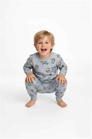 Erkek Çocuk Noel Temalı Figürlü  %100 Pamuk Reaktif Boyalı Süprem Kumaş Uzun Kollu Pijama Takımı