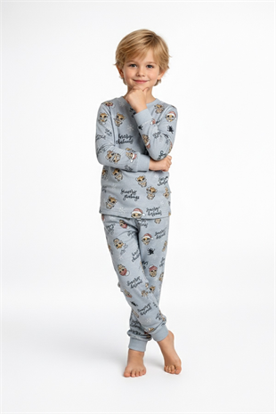 Erkek Çocuk Noel Temalı Figürlü  %100 Pamuk Reaktif Boyalı Süprem Kumaş Uzun Kollu Pijama Takımı
