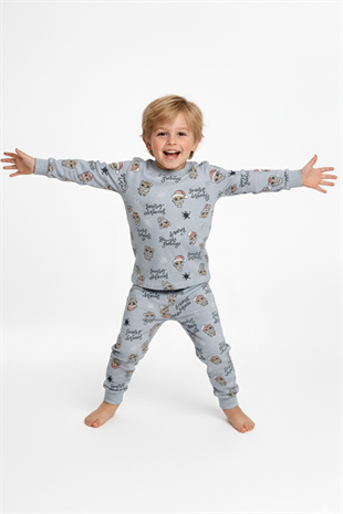 Erkek Çocuk Noel Temalı Figürlü  %100 Pamuk Reaktif Boyalı Süprem Kumaş Uzun Kollu Pijama Takımı