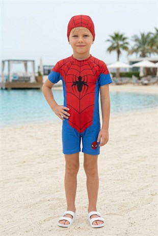 Erkek Çocuk Polyester + Elastan Örümcek Adam Baskılı Arkası Fermuarlı Tulum Boneli Mayo