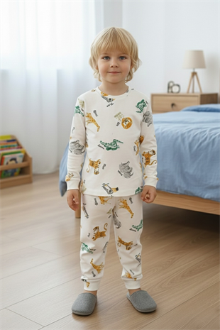 Erkek Çocuk Safari Hayvan Desenli %100 Pamuk Reaktif Boyalı İnterlok Kumaş Uzun Kollu Pijama Takımı