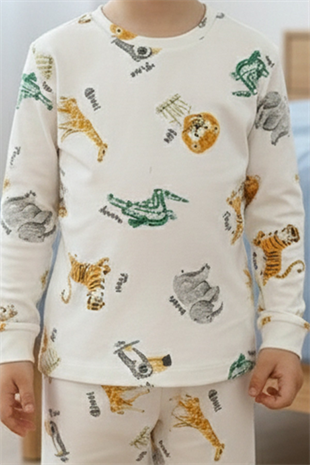 Erkek Çocuk Safari Hayvan Desenli %100 Pamuk Reaktif Boyalı İnterlok Kumaş Uzun Kollu Pijama Takımı