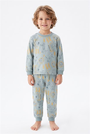 Erkek Çocuk Safari Hayvanları Desenli %100 Pamuk Reaktif Boyama Süprem Kumaş Uzun Kollu Pijama Takımı