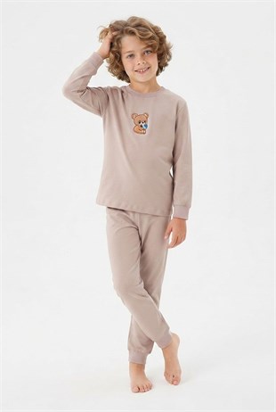 Erkek Çocuk Sevimli Ayıcık Baskılı %100 Pamuk Süprem Kumaş Düz Uzun Kollu Pijama Takımı