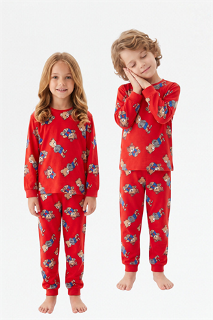 Erkek Çocuk Sevimli Ayıcık Desenli %100 Pamuk Reaktif Boyama Süprem Kumaş Uzun Kollu Pijama Takımı
