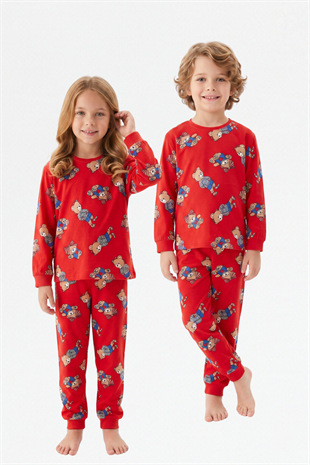 Erkek Çocuk Sevimli Ayıcık Desenli %100 Pamuk Reaktif Boyama Süprem Kumaş Uzun Kollu Pijama Takımı