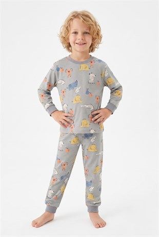 Erkek Çocuk Sevimli Hayvan Desenli %100 Pamuk Reaktif Boyama Süprem Kumaş Uzun Kollu Pijama Takımı