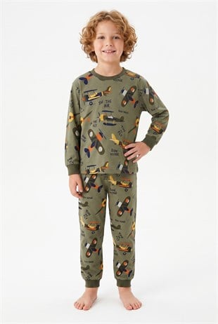 Erkek Çocuk Uçak Ve Yazı Baskılı %100 Pamuk Reaktif Boyalı Süprem Kumaş Uzun Kollu Pijama Takımı
