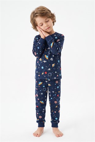 Erkek Çocuk Uzay Ve Astronot Baskılı %100 Pamuk Süprem Kumaş Reaktif Boyama Uzun Kollu Pijama Takımı