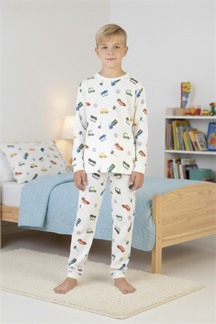 Garson Erkek Çocuk %100 Pamuk Reaktif Boyalı İnterlok Kumaş Eğlenceli Araç Baskılı Pijama Takımı