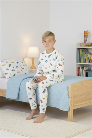 Garson Erkek Çocuk %100 Pamuk Reaktif Boyalı İnterlok Kumaş Eğlenceli Araç Baskılı Pijama Takımı