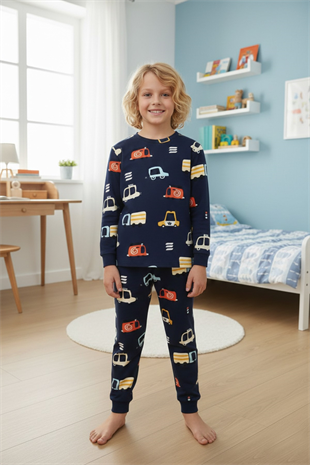 Garson Erkek Çocuk %100 Pamuk Reaktif Boyalı İnterlok Kumaş Araba Baskılı Pijama Takımı