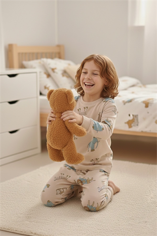 Garson Erkek Çocuk Aslan Ve Fil Desenli %100 Pamuk Reaktif Boyalı İnterlok Kumaş Uzun Kollu Pijama Takımı