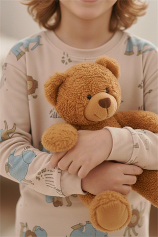 Garson Erkek Çocuk Aslan Ve Fil Desenli %100 Pamuk Reaktif Boyalı İnterlok Kumaş Uzun Kollu Pijama Takımı