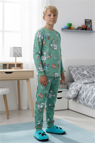 Garson Erkek Çocuk Desenli %100 Pamuk Reaktif Boyalı İnterlok Kumaş Uzun Kollu Pijama Takımı