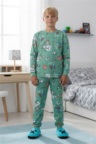 Garson Erkek Çocuk Desenli %100 Pamuk Reaktif Boyalı İnterlok Kumaş Uzun Kollu Pijama Takımı